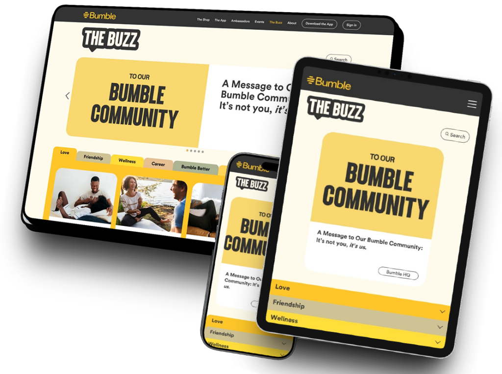 The Buzz (Bumble) website, shown on desktop, iPad, and mobile device screens.