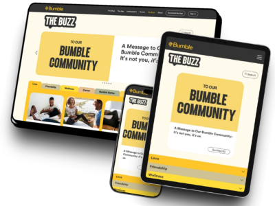 The Buzz (Bumble) website, shown on desktop, iPad, and mobile device screens.