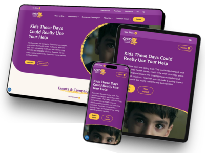 The CHEO Foundation website, shown on desktop, iPad, and mobile device screens.