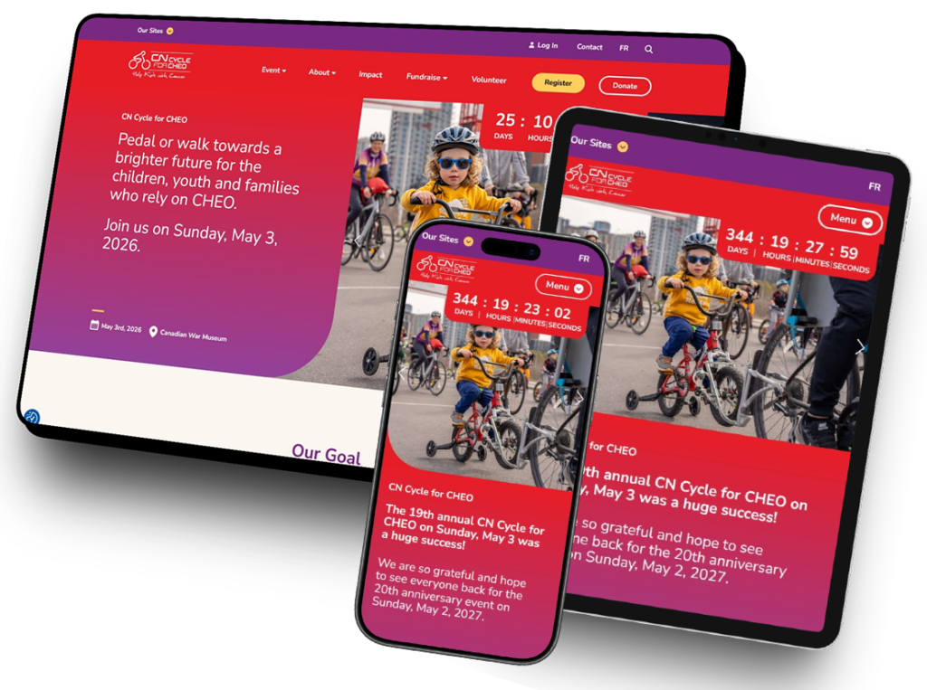 The CN Cycle for CHEO website, shown on desktop, iPad, and mobile device screens.