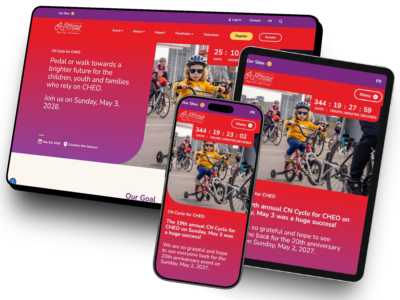 The CN Cycle for CHEO website, shown on desktop, iPad, and mobile device screens.