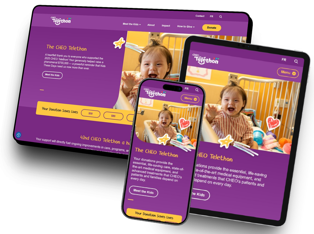 The CHEO Telethon website, shown on desktop, iPad, and mobile device screens.