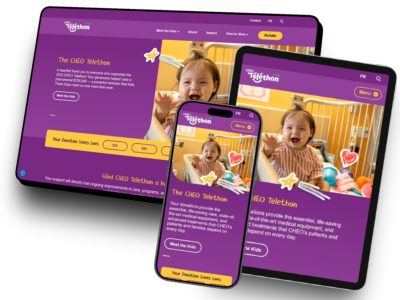 The CHEO Telethon website, shown on desktop, iPad, and mobile device screens.