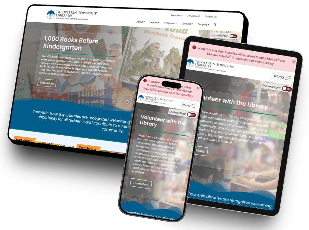 The Tredyffrin Township Libraries website, shown on desktop, iPad, and mobile device screens.