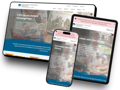 The Tredyffrin Township Libraries website, shown on desktop, iPad, and mobile device screens.