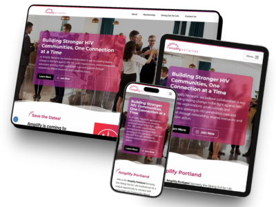 The Amplify Network website, shown on desktop, iPad, and mobile device screens.
