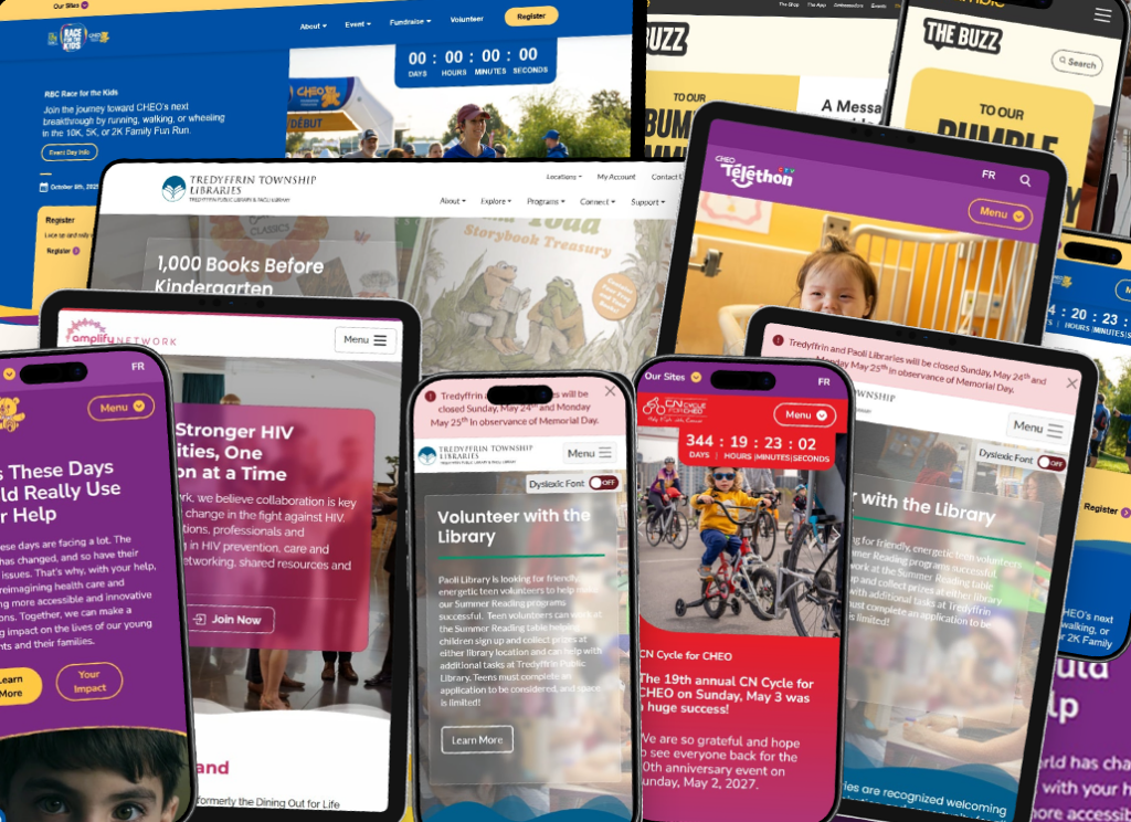 A collage of devices with screens displaying sites developed by Jaime Hawk, WordPress Developer