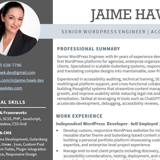 Snapshot view of Jaime Hawk's resume